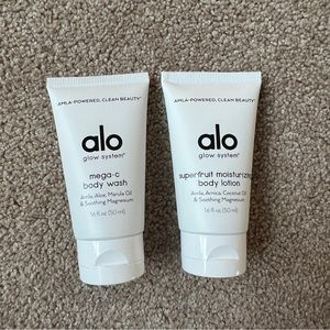 Alo glow system travel size 16 oz sealed mega-c body wash and body lotion.